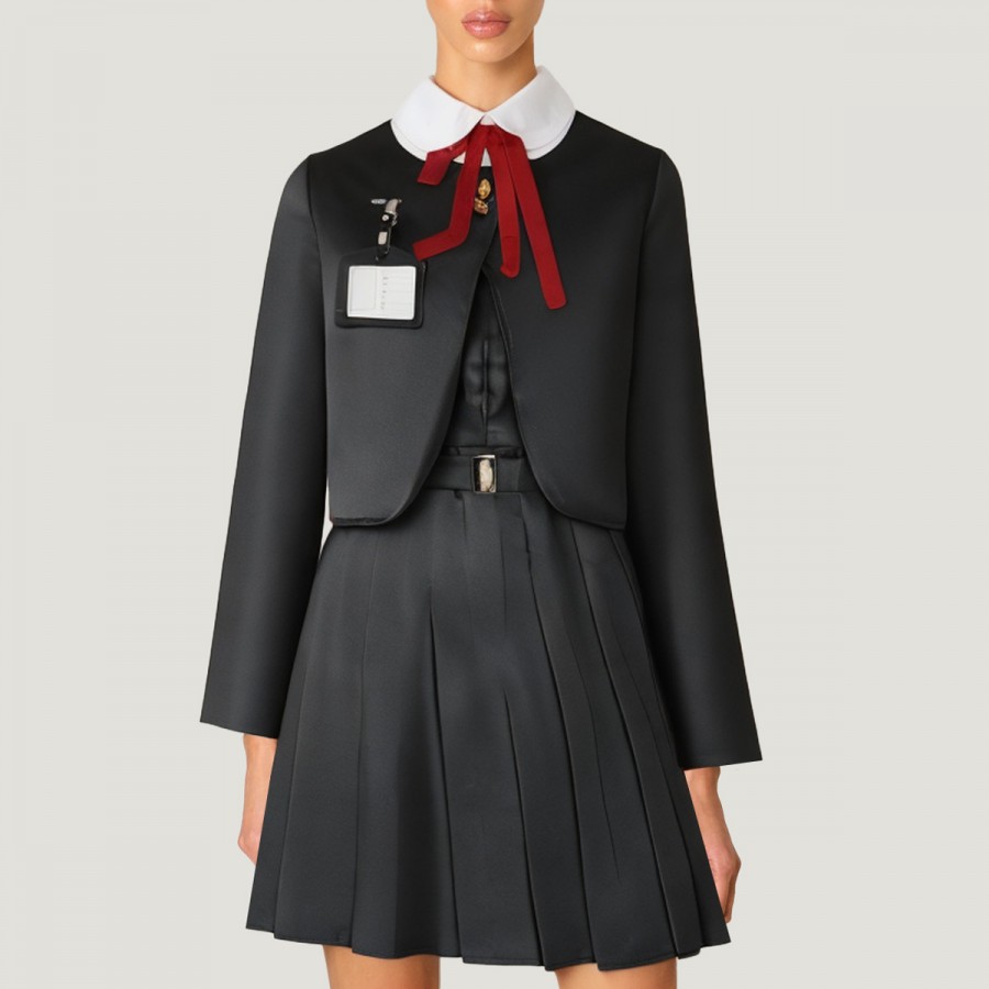 Preppy style collarless jacket belted skirt