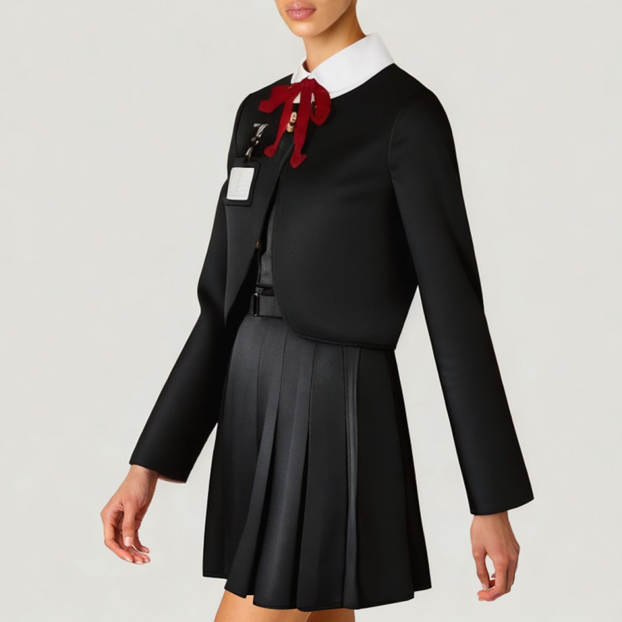 Preppy style collarless jacket belted skirt