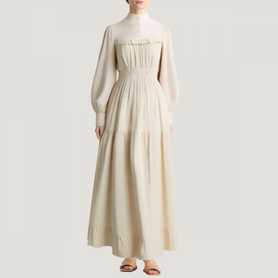 Beige Victorian style long-sleeved dress