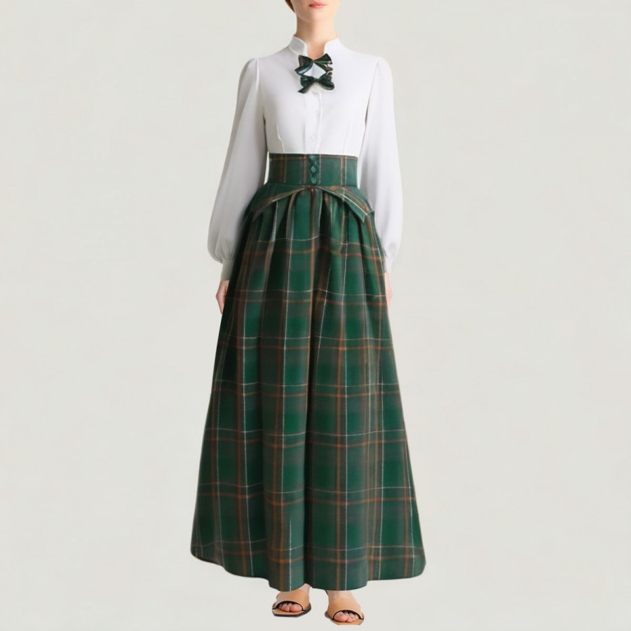 Retro plaid Victorian style long-sleeved dress