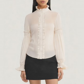 Retro stand-up collar lace puff sleeve shirt