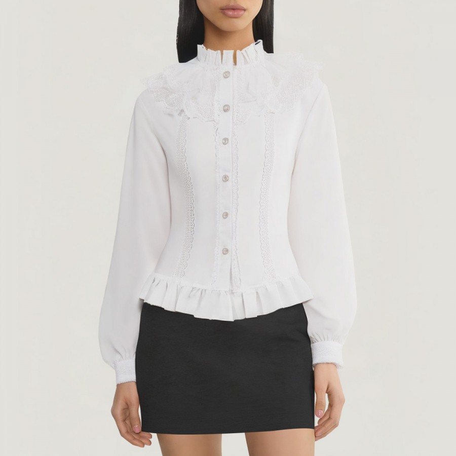 High-neck lace ruffle women's blouse