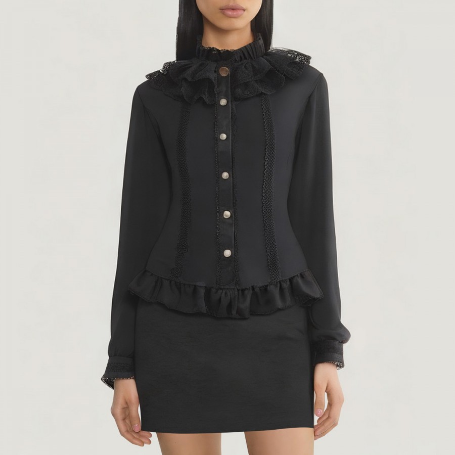 High-neck lace ruffle chiffon women's blouse