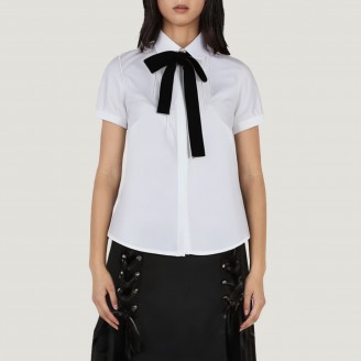 Ivory white short-sleeved chiffon blouse with bow