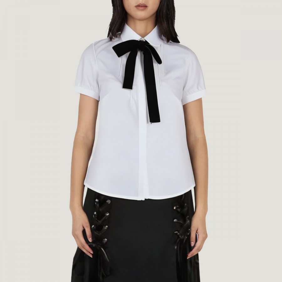 Ivory white short-sleeved chiffon blouse with bow