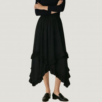 Retro high-waisted ruffled asymmetrical long skirt
