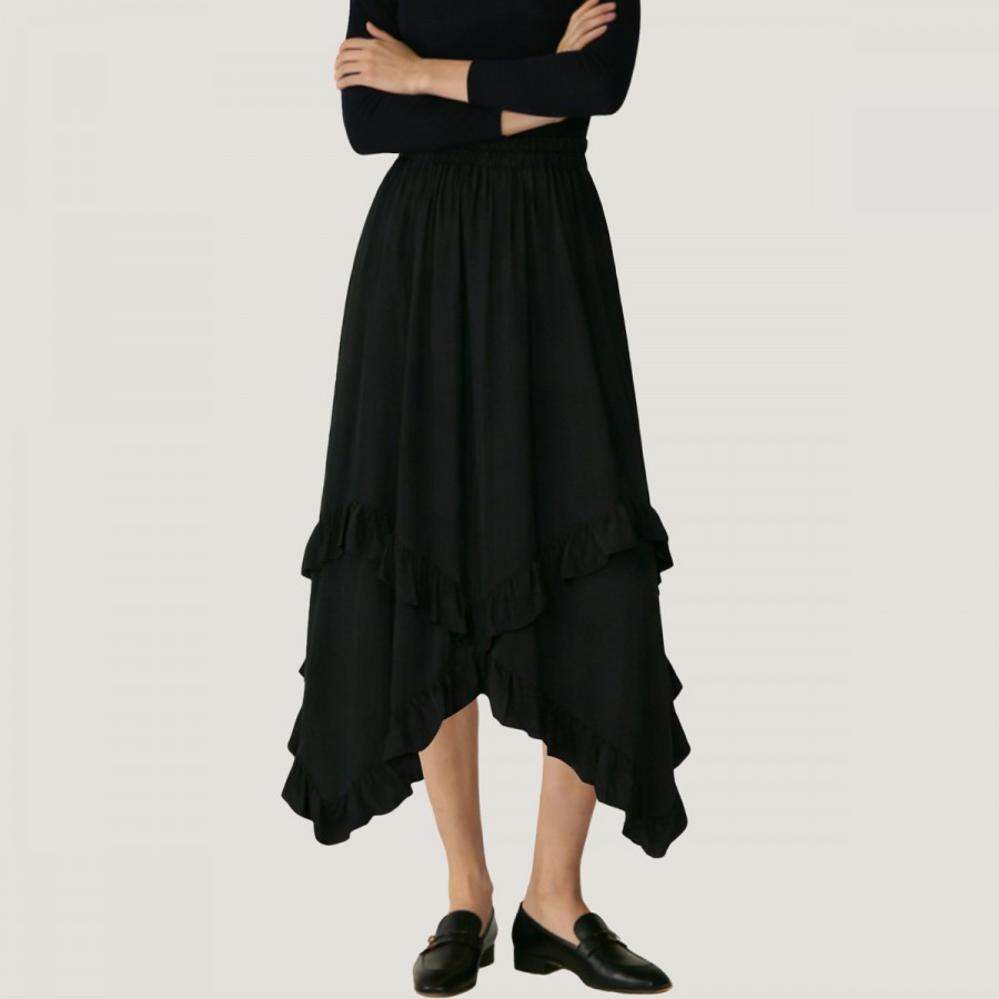 Retro high-waisted ruffled asymmetrical long skirt