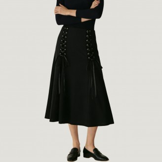 Patchwork high-waisted tie-waist midi A-line skirt