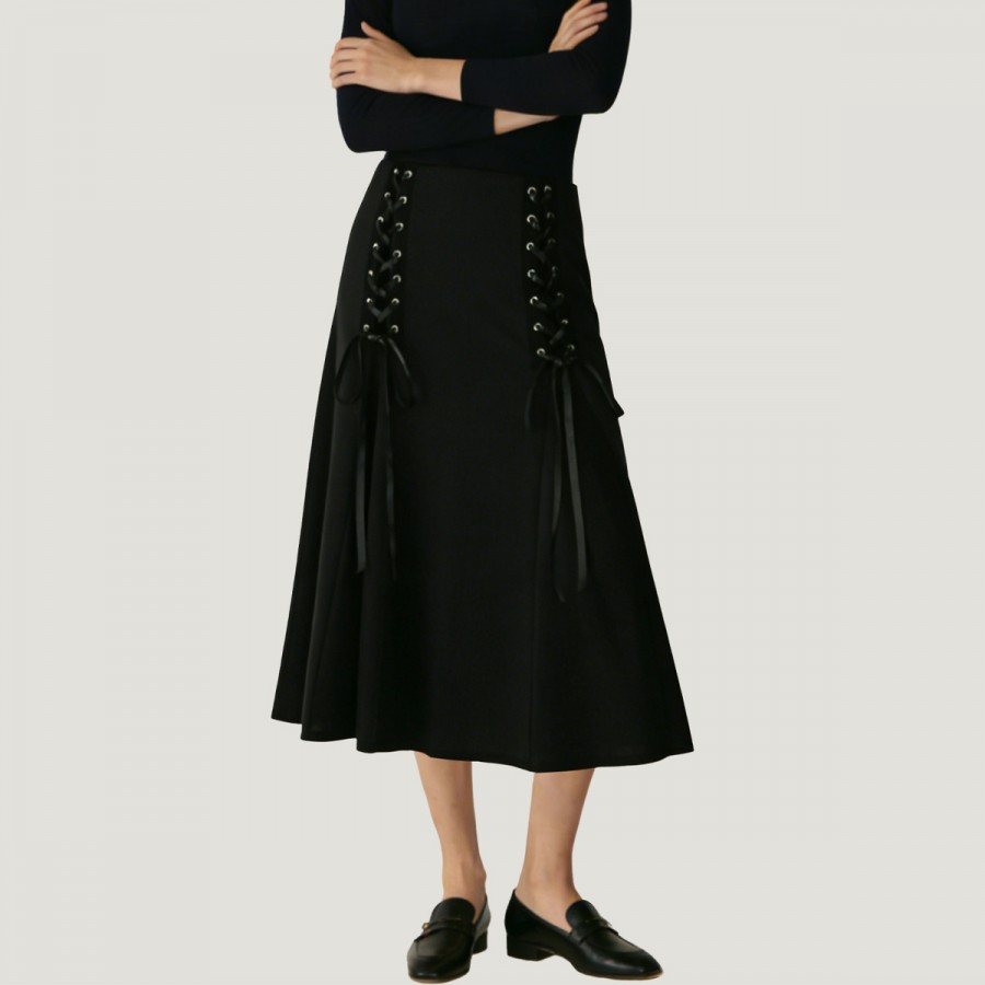 Patchwork high-waisted tie-waist midi A-line skirt