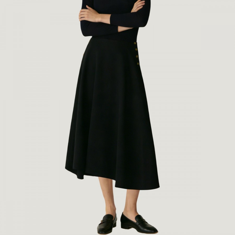 Solid color A-line midi skirt with button placket