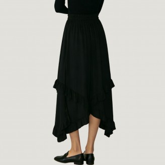 Retro high-waisted ruffled asymmetrical long skirt