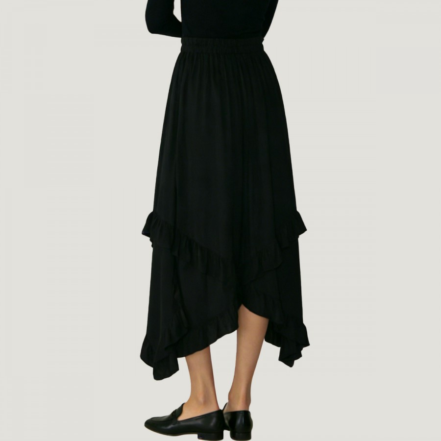 Retro high-waisted ruffled asymmetrical long skirt